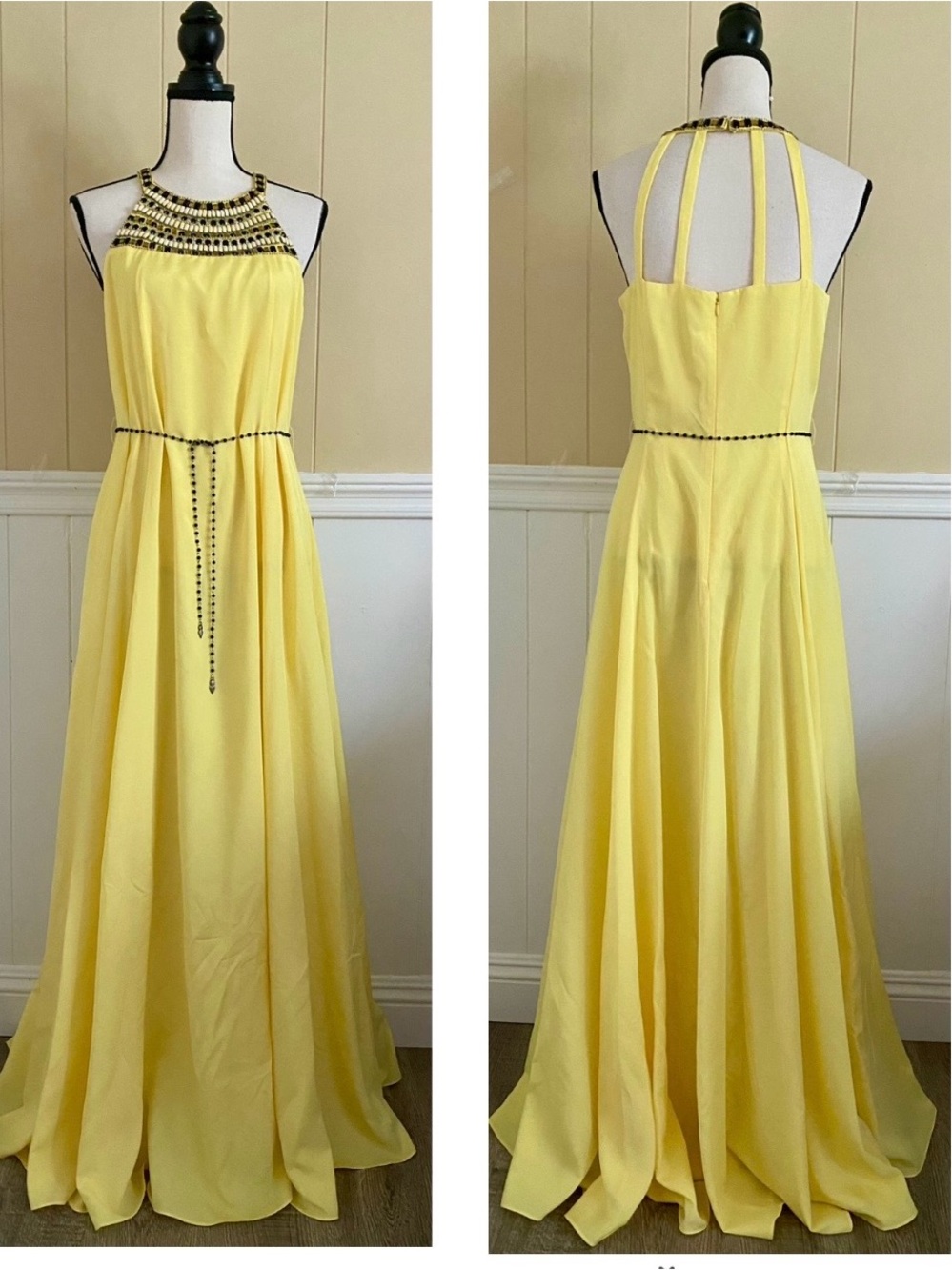 Shoshanna Yellow Beaded Halter Maxi Dress